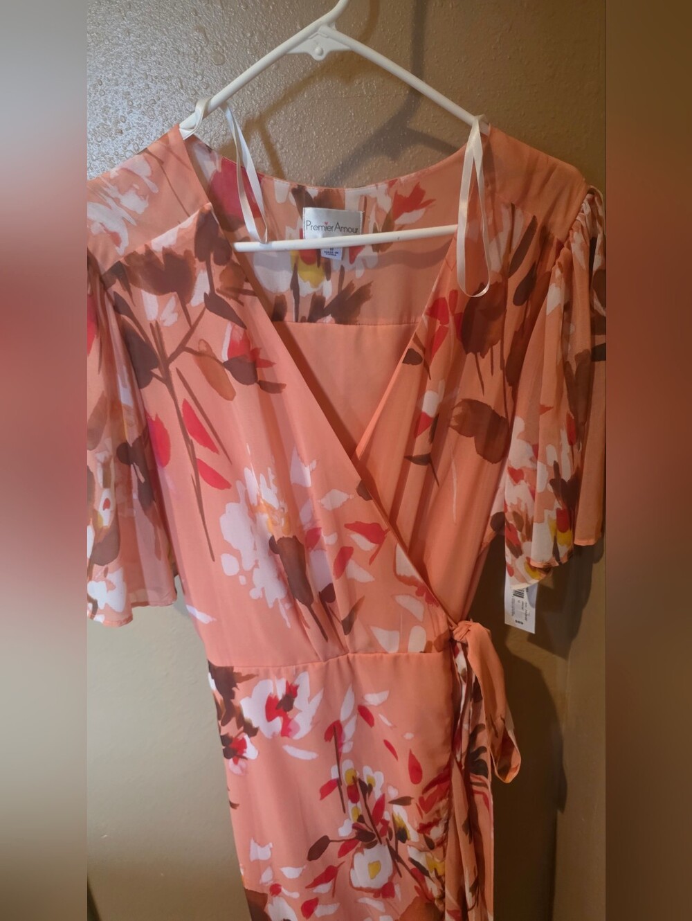 Premier Peach-Pink Floral Wrap Midi Dress - Picture 2 of 5